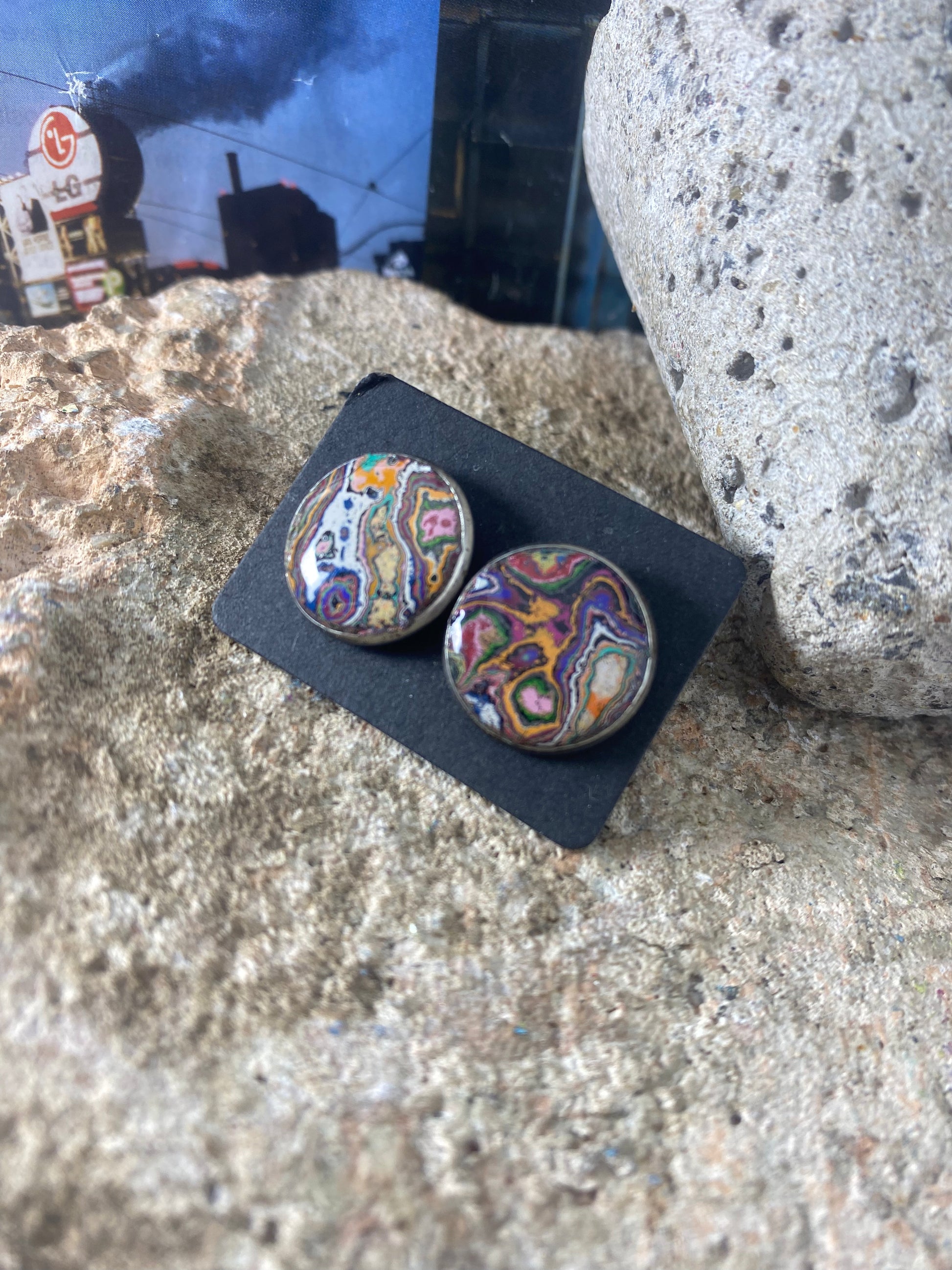 Recycled Graffiti stud earrings