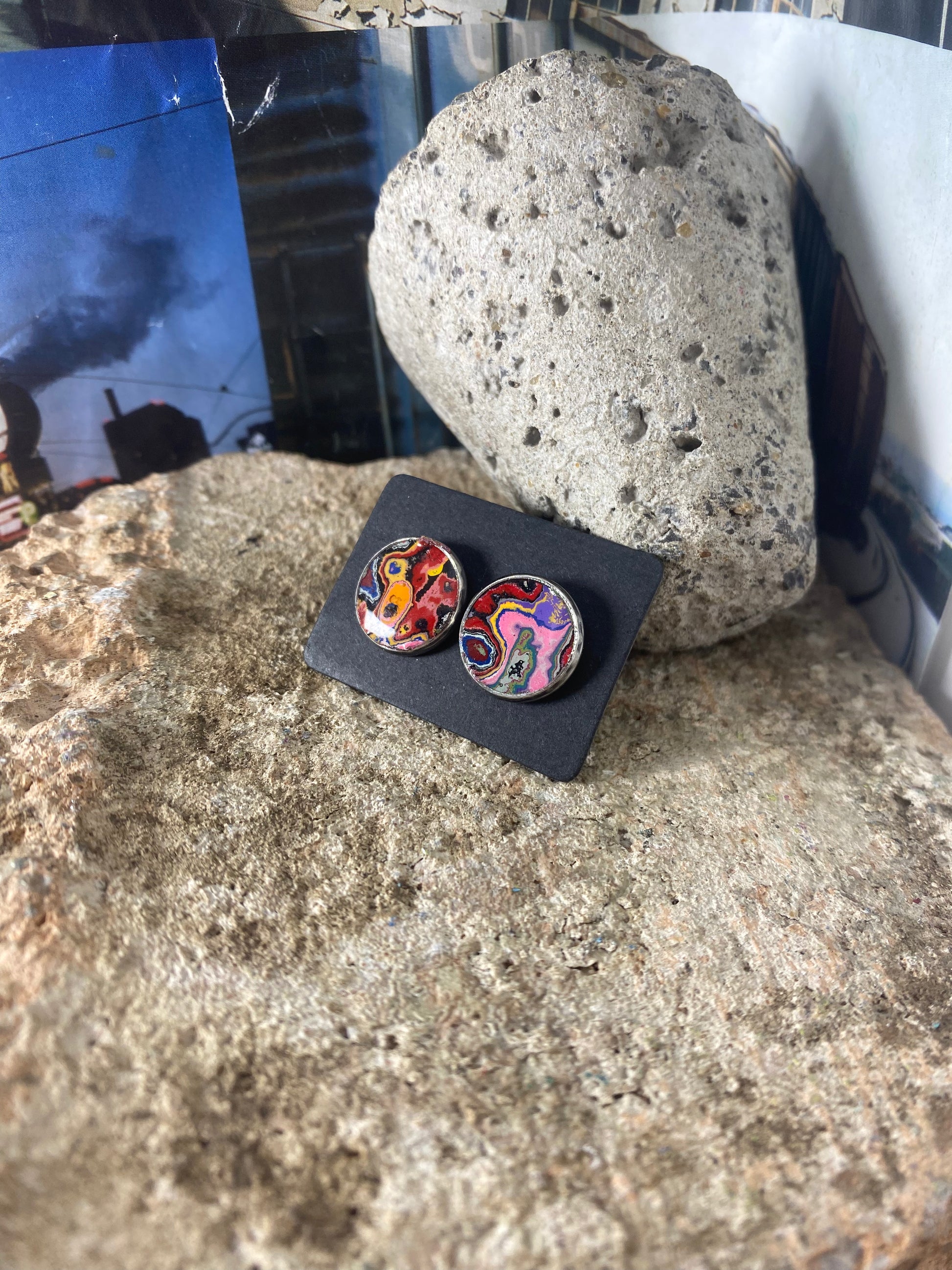 Recycled Graffiti stud earrings