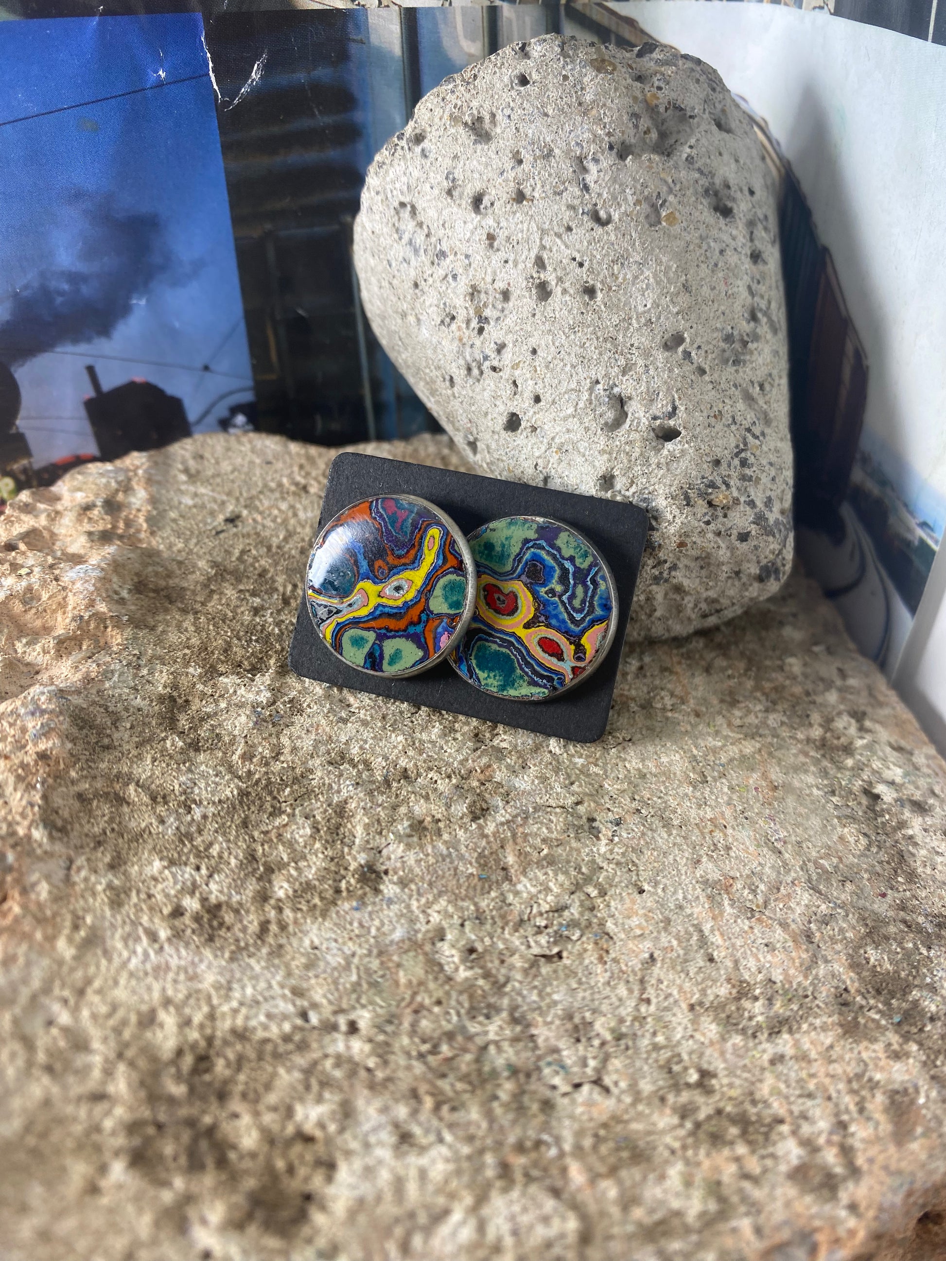 Recycled Graffiti stud earrings