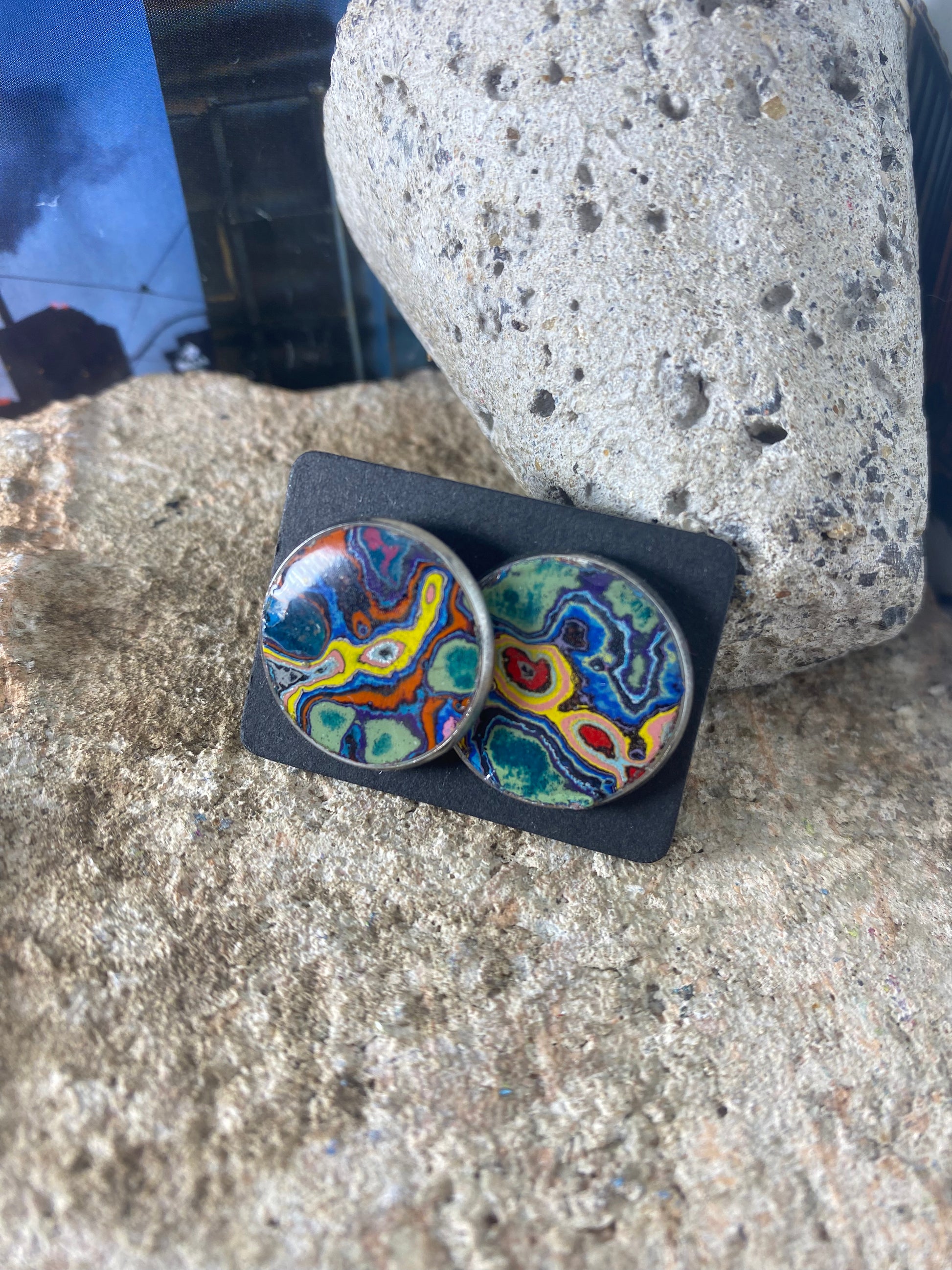 Recycled Graffiti stud earrings