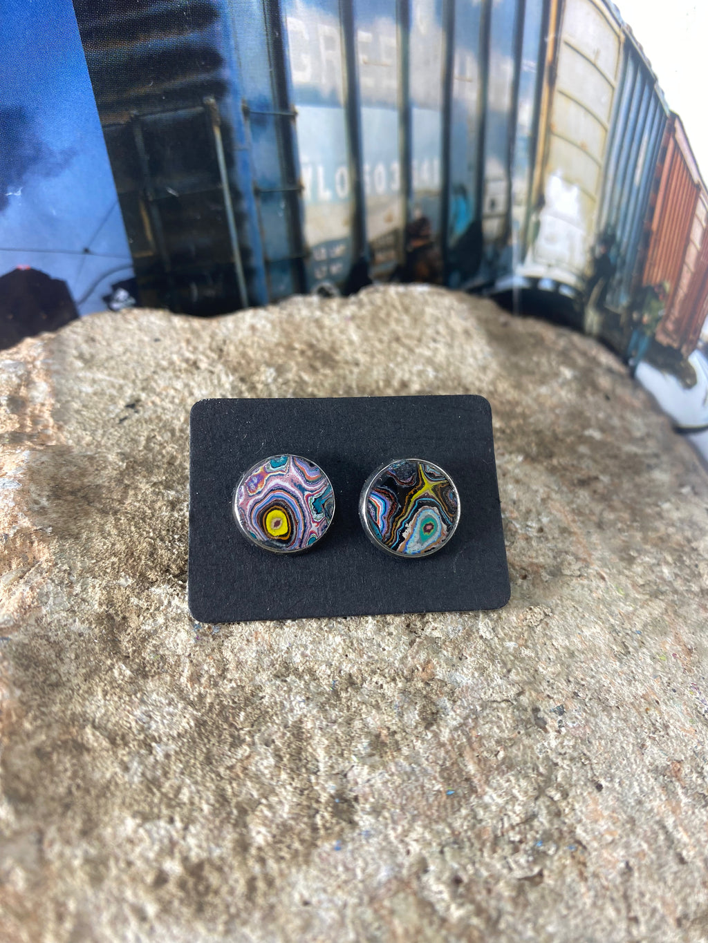 Recycled Graffiti stud earrings