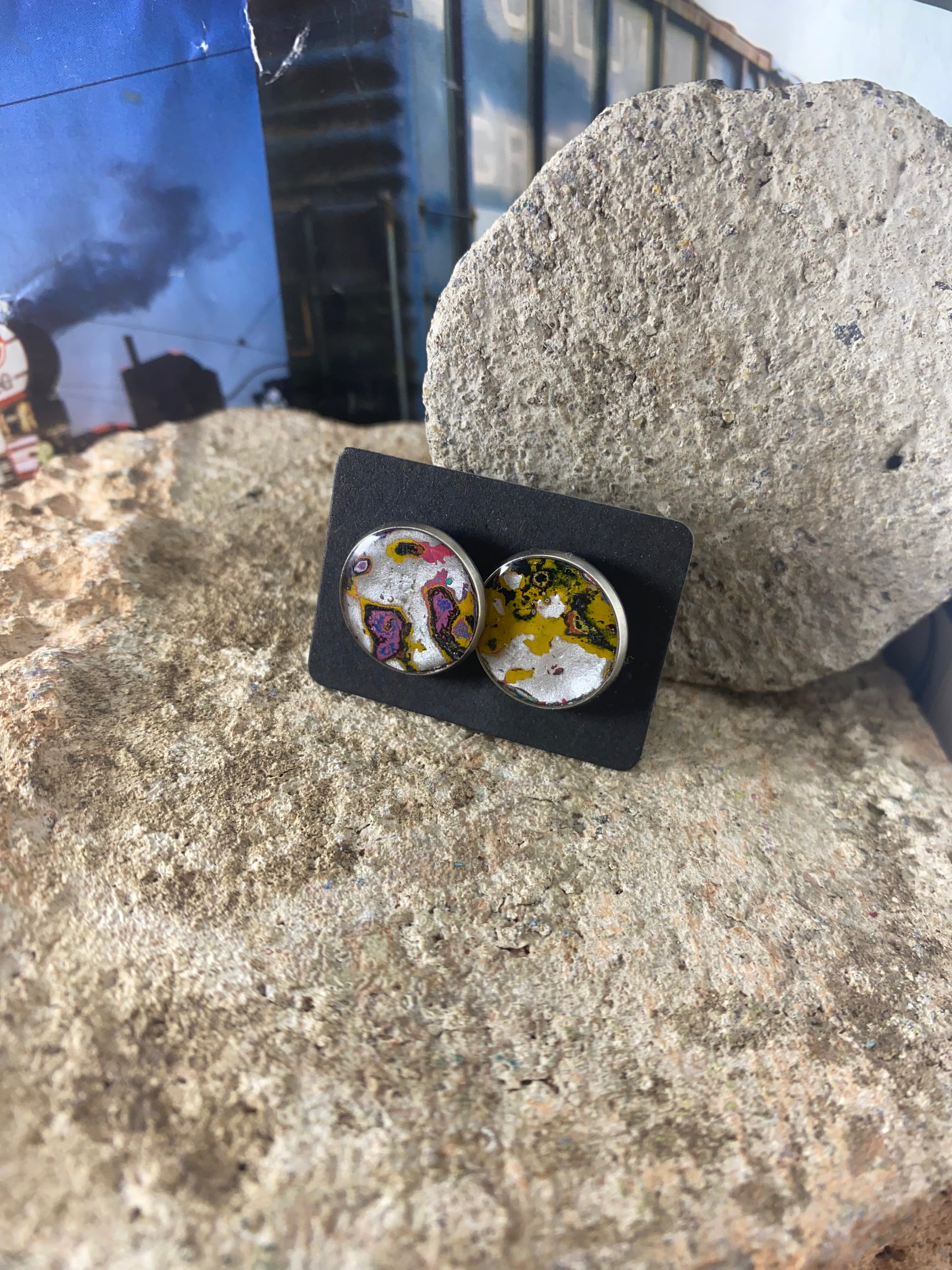 Recycled Graffiti stud earrings