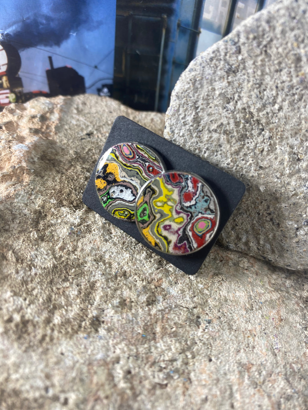 Recycled Graffiti stud earrings