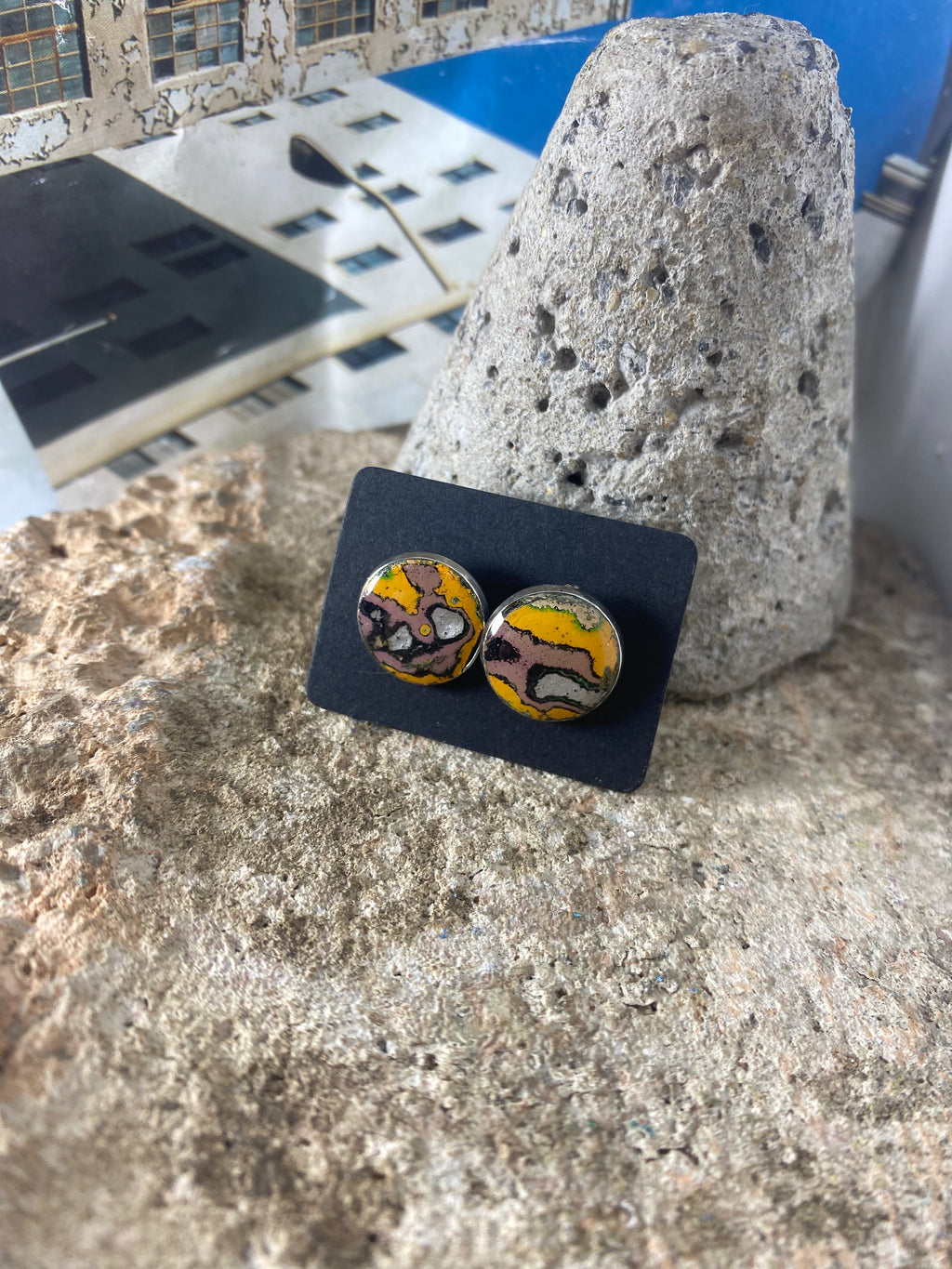 Recycled Graffiti stud earrings
